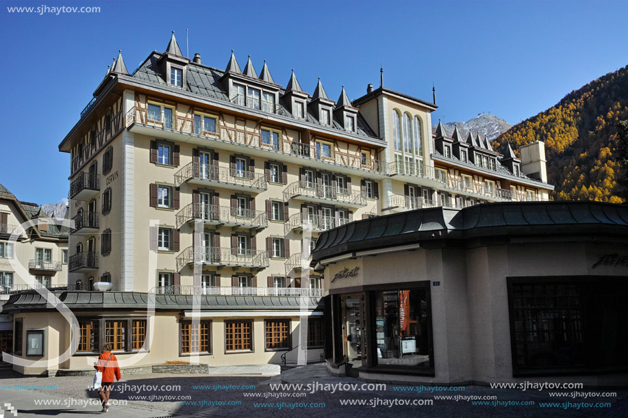 ZERMATT, SWITZERLAND - OCTOBER 27, 2015:   Typical Street in Zermatt Resort, Canton of Valais, Switzerland