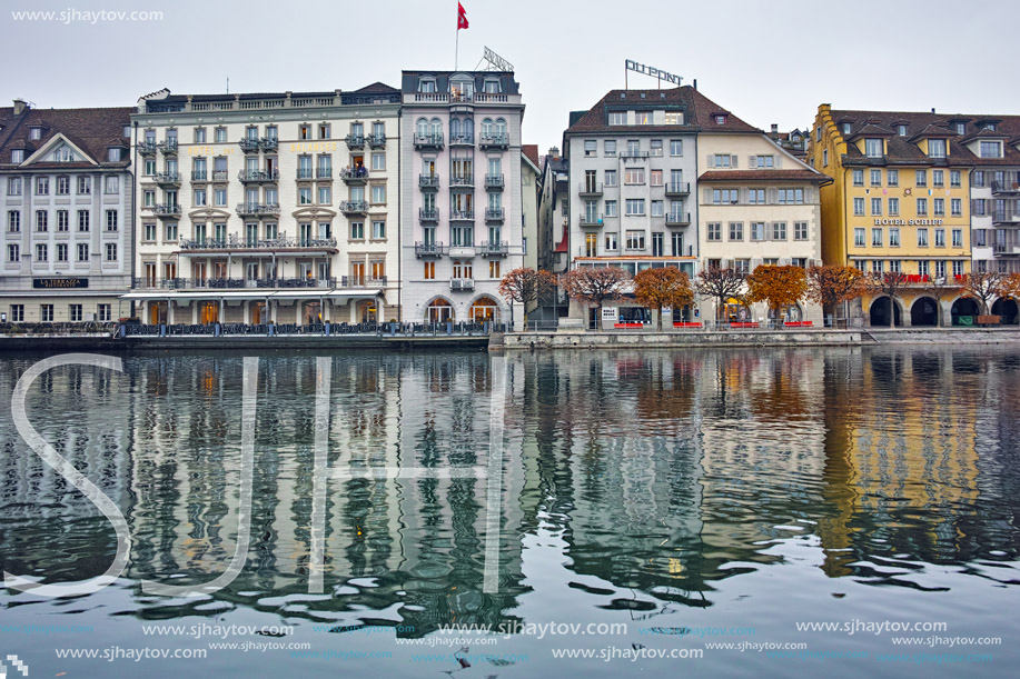 LUCERNE, SWITZERLAND - OCTOBER 28, 2015: The Reuss River River passes through the historic center of City of Luzern, Switzerland