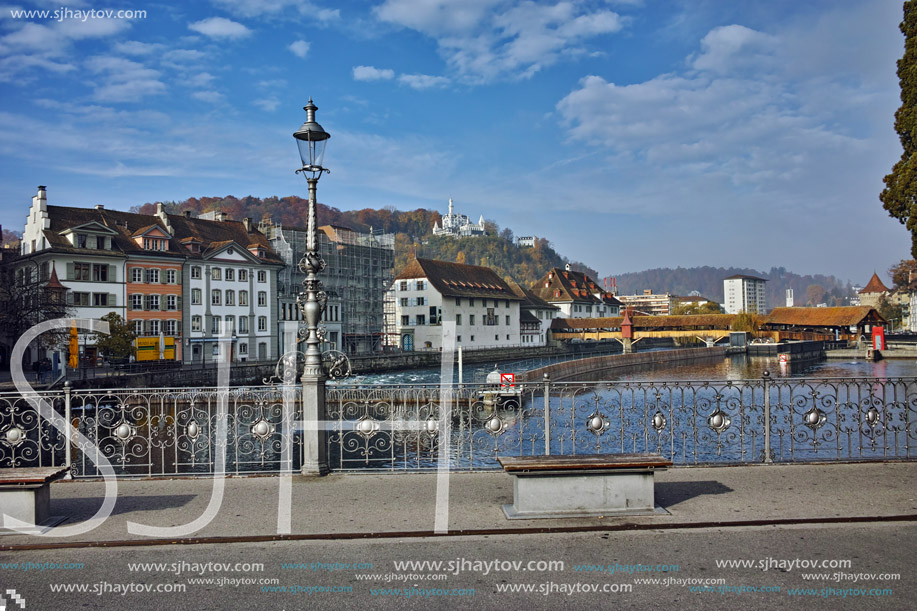 LUCERNE, SWITZERLAND - OCTOBER 28, 2015: The Reuss River passes through the historic center of City of Luzern, Switzerland