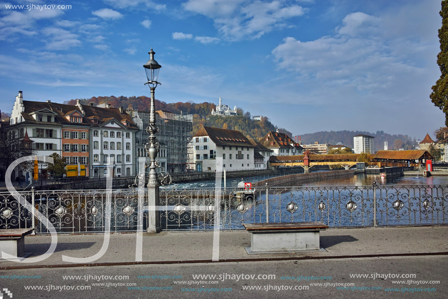LUCERNE, SWITZERLAND - OCTOBER 28, 2015: The Reuss River passes through the historic center of City of Luzern, Switzerland