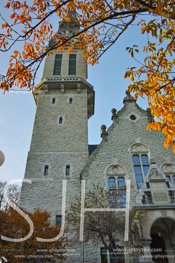 ZURICH, SWITZERLAND -OCTOBER 28, 2015: Autumn view of the St. Jakob Church, Zurich, Switzerland