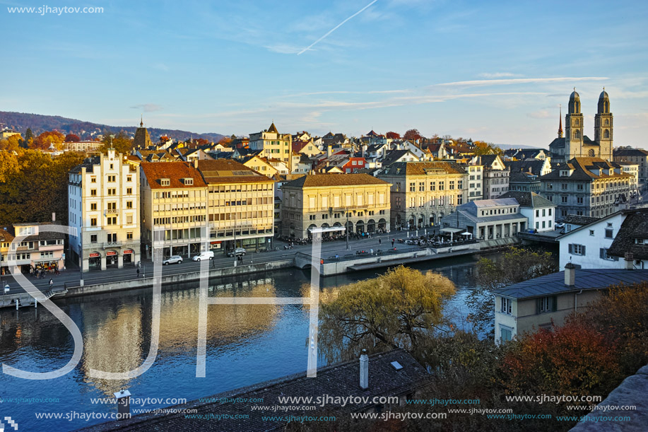 ZURICH, SWITZERLAND -OCTOBER 28, 2015 : Panorama of city of Zurich and Limmat River, Switzerland