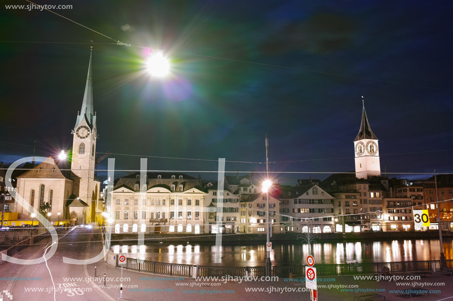 ZURICH, SWITZERLAND -OCTOBER 28, 2015: Amazing Night photo of Zurich and Limmat River, Switzerland