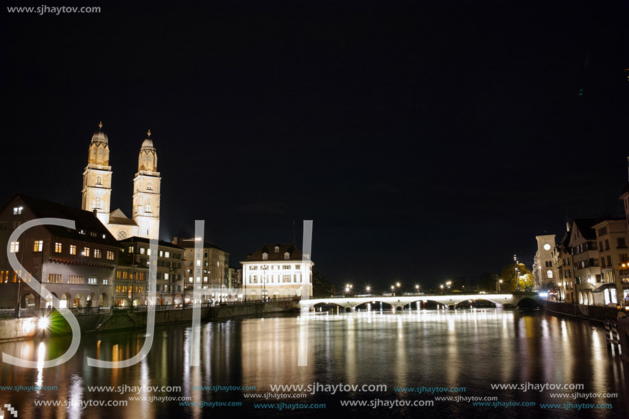 ZURICH, SWITZERLAND -OCTOBER 28, 2015: Amazing Night photo of Zurich and Limmat River, Switzerland