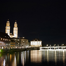 ZURICH, SWITZERLAND -OCTOBER 28, 2015: Amazing Night photo of Zurich and Limmat River, Switzerland