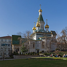 SOFIA, BULGARIA - MARCH 17, 2018:  Amazing view of Golden Domes Russian church in Sofia, Bulgaria