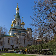 SOFIA, BULGARIA - MARCH 17, 2018:  Amazing view of Golden Domes Russian church in Sofia, Bulgaria