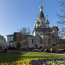 SOFIA, BULGARIA - MARCH 17, 2018:  Amazing view of Golden Domes Russian church in Sofia, Bulgaria
