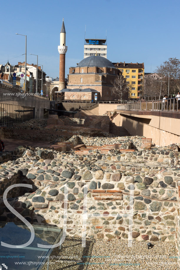 SOFIA, BULGARIA - MARCH 17, 2018:  Banya Bashi Mosque and ruins of ancient Serdica in Sofia, Bulgaria