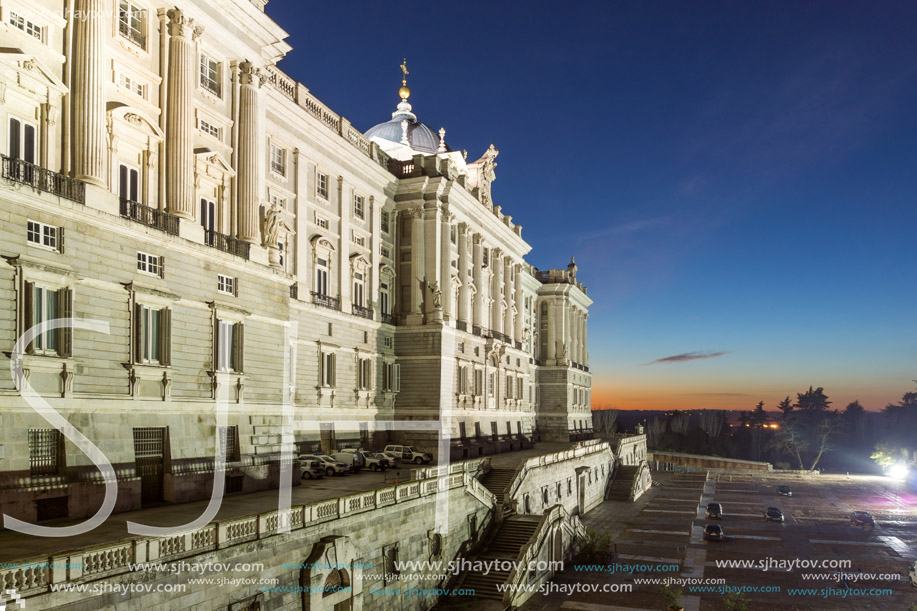 MADRID, SPAIN - JANUARY 22, 2018: Night view of the facade of the Royal Palace of Madrid, Spain