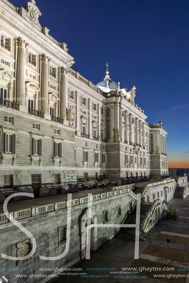 MADRID, SPAIN - JANUARY 22, 2018: Night view of the facade of the Royal Palace of Madrid, Spain