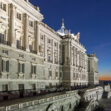 MADRID, SPAIN - JANUARY 22, 2018: Night view of the facade of the Royal Palace of Madrid, Spain