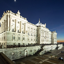 MADRID, SPAIN - JANUARY 22, 2018: Night view of the facade of the Royal Palace of Madrid, Spain