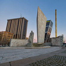 MADRID, SPAIN - JANUARY 23, 2018:  Sunrise view of Gate of Europe (KIO Towers) and Monument to Jose Calvo Sotelo at Paseo de la Castellana street in City of Madrid, Spain