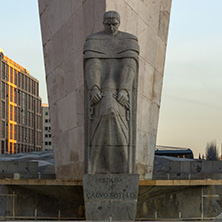 MADRID, SPAIN - JANUARY 23, 2018:  Sunrise view of Gate of Europe (KIO Towers) and Monument to Jose Calvo Sotelo at Paseo de la Castellana street in City of Madrid, Spain