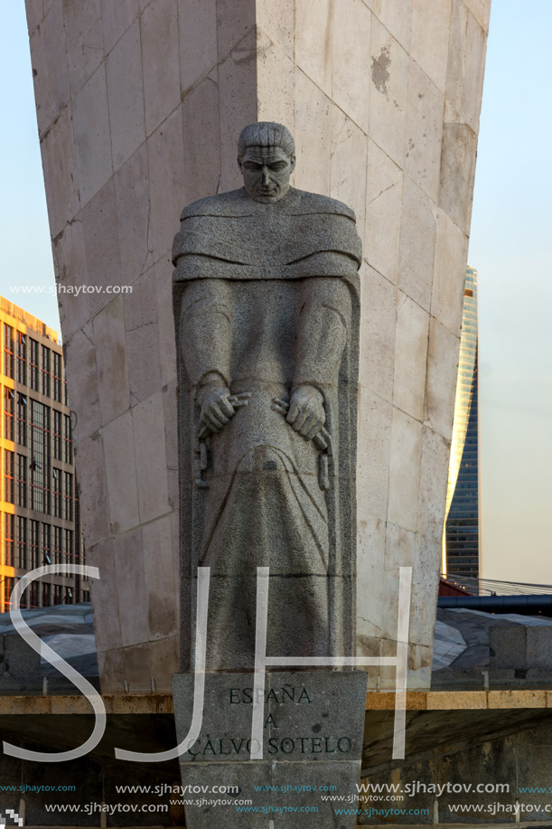 MADRID, SPAIN - JANUARY 23, 2018:  Sunrise view of Gate of Europe (KIO Towers) and Monument to Jose Calvo Sotelo at Paseo de la Castellana street in City of Madrid, Spain