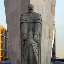 MADRID, SPAIN - JANUARY 23, 2018:  Sunrise view of Gate of Europe (KIO Towers) and Monument to Jose Calvo Sotelo at Paseo de la Castellana street in City of Madrid, Spain