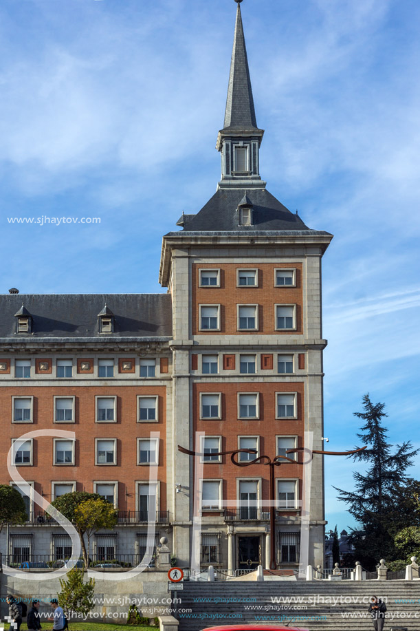 MADRID, SPAIN - JANUARY 23, 2018: Architectural detail  of building of Air Force Headquarters in City of Madrid, Spain