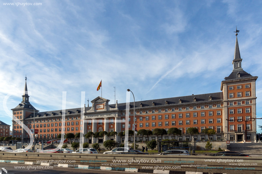 MADRID, SPAIN - JANUARY 23, 2018: Architectural detail  of building of Air Force Headquarters in City of Madrid, Spain