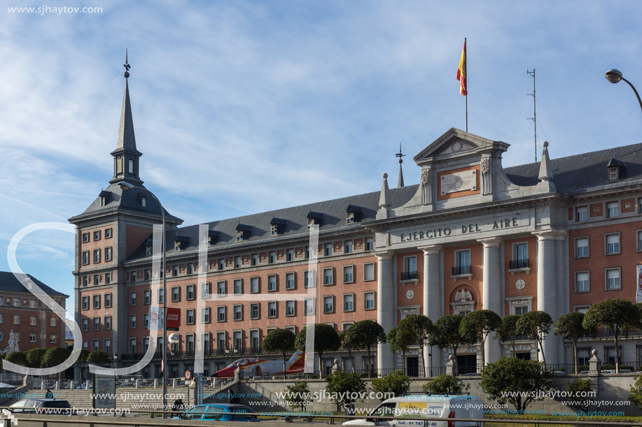 MADRID, SPAIN - JANUARY 23, 2018: Architectural detail  of building of Air Force Headquarters in City of Madrid, Spain