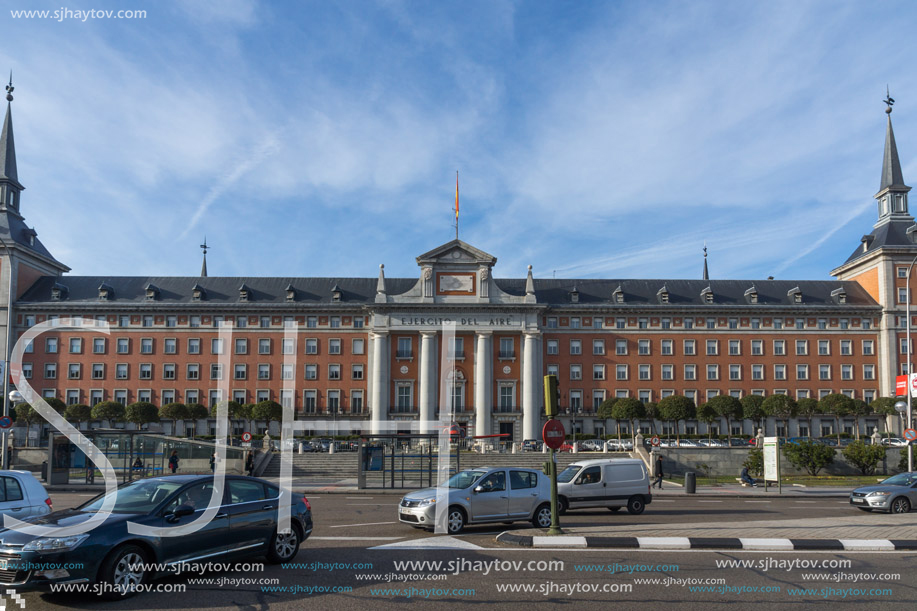 MADRID, SPAIN - JANUARY 23, 2018: Architectural detail  of building of Air Force Headquarters in City of Madrid, Spain