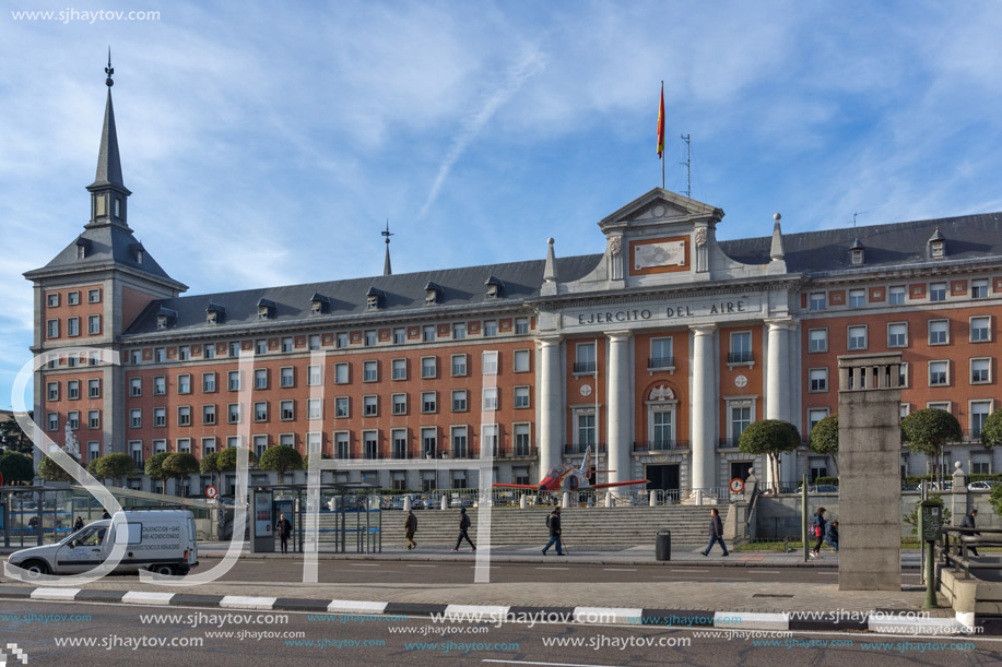 MADRID, SPAIN - JANUARY 23, 2018: Architectural detail  of building of Air Force Headquarters in City of Madrid, Spain