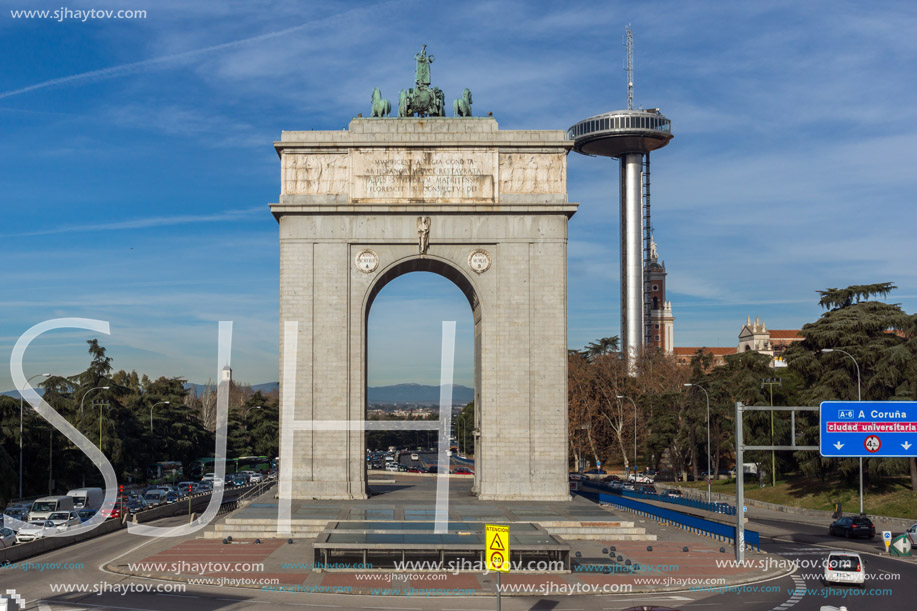 MADRID, SPAIN - JANUARY 23, 2018: Memory Arch and Lighthouse of Moncloa in City of Madrid, Spain