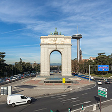 MADRID, SPAIN - JANUARY 23, 2018: Memory Arch and Lighthouse of Moncloa in City of Madrid, Spain