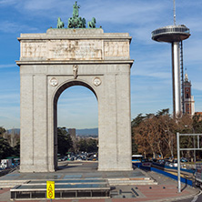 MADRID, SPAIN - JANUARY 23, 2018: Memory Arch and Lighthouse of Moncloa in City of Madrid, Spain