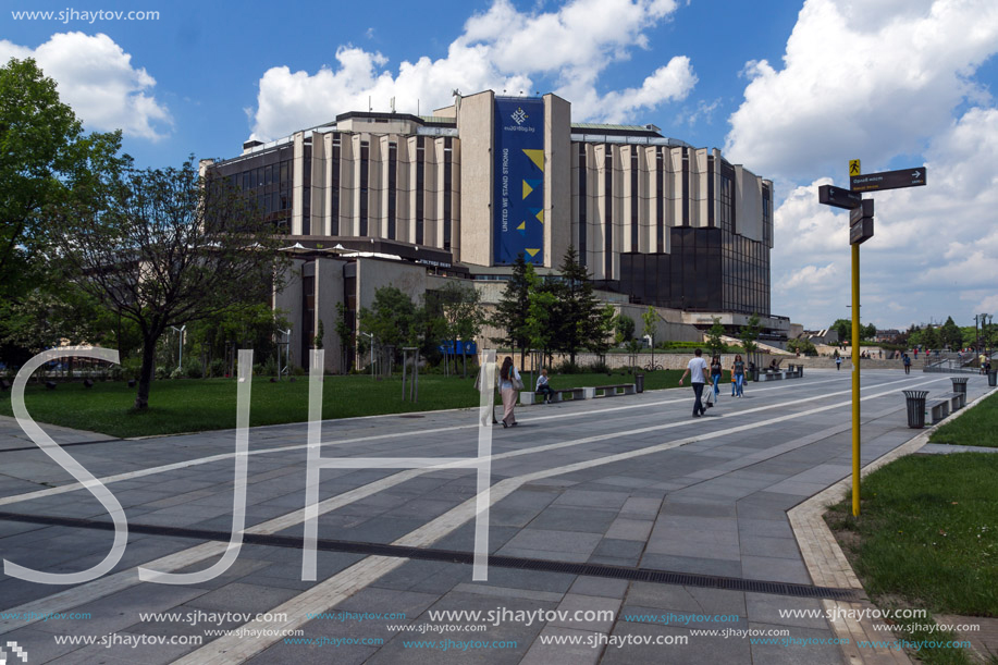 SOFIA, BULGARIA -MAY 20, 2018: Walking people in front of  National Palace of Culture in Sofia, Bulgaria