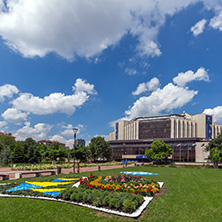 SOFIA, BULGARIA -MAY 20, 2018:  Flower garden and National Palace of Culture in Sofia, Bulgaria