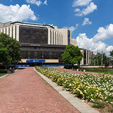 SOFIA, BULGARIA -MAY 20, 2018:  Flower garden and National Palace of Culture in Sofia, Bulgaria