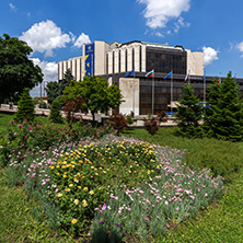 SOFIA, BULGARIA -MAY 20, 2018:  Flower garden and National Palace of Culture in Sofia, Bulgaria