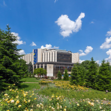 SOFIA, BULGARIA -MAY 20, 2018:  Flower garden and National Palace of Culture in Sofia, Bulgaria