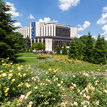 SOFIA, BULGARIA -MAY 20, 2018:  Flower garden and National Palace of Culture in Sofia, Bulgaria