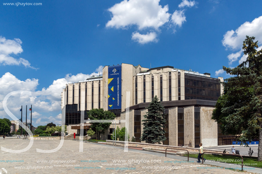 SOFIA, BULGARIA -MAY 20, 2018: Walking people in front of  National Palace of Culture in Sofia, Bulgaria