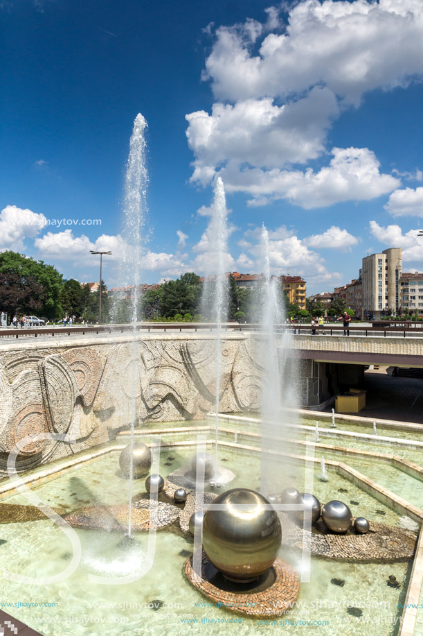 SOFIA, BULGARIA -MAY 20, 2018: Fountains in front of  National Palace of Culture in Sofia, Bulgaria