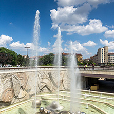 SOFIA, BULGARIA -MAY 20, 2018: Fountains in front of  National Palace of Culture in Sofia, Bulgaria
