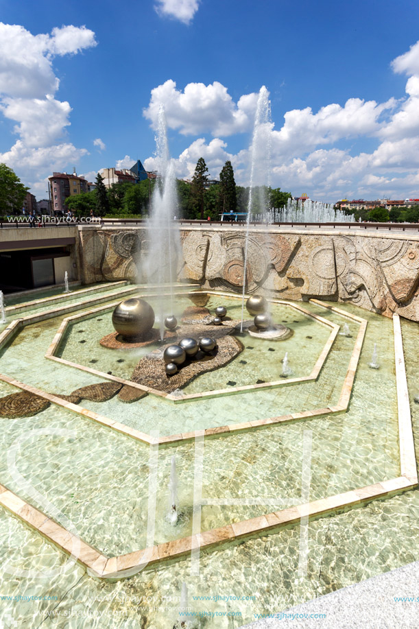 SOFIA, BULGARIA -MAY 20, 2018: Fountains in front of  National Palace of Culture in Sofia, Bulgaria