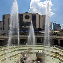 SOFIA, BULGARIA -MAY 20, 2018: Fountains in front of  National Palace of Culture in Sofia, Bulgaria