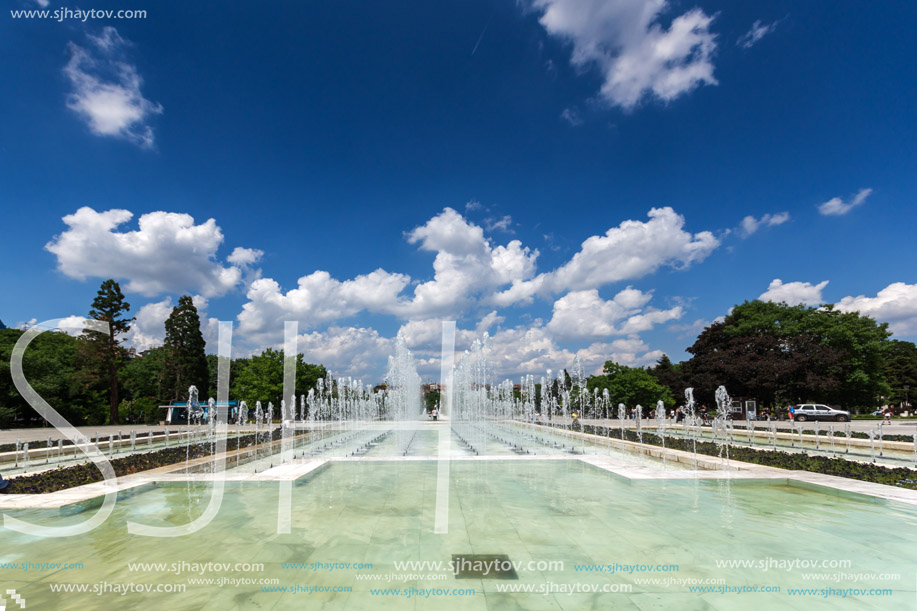 SOFIA, BULGARIA -MAY 20, 2018: Fountains in front of  National Palace of Culture in Sofia, Bulgaria