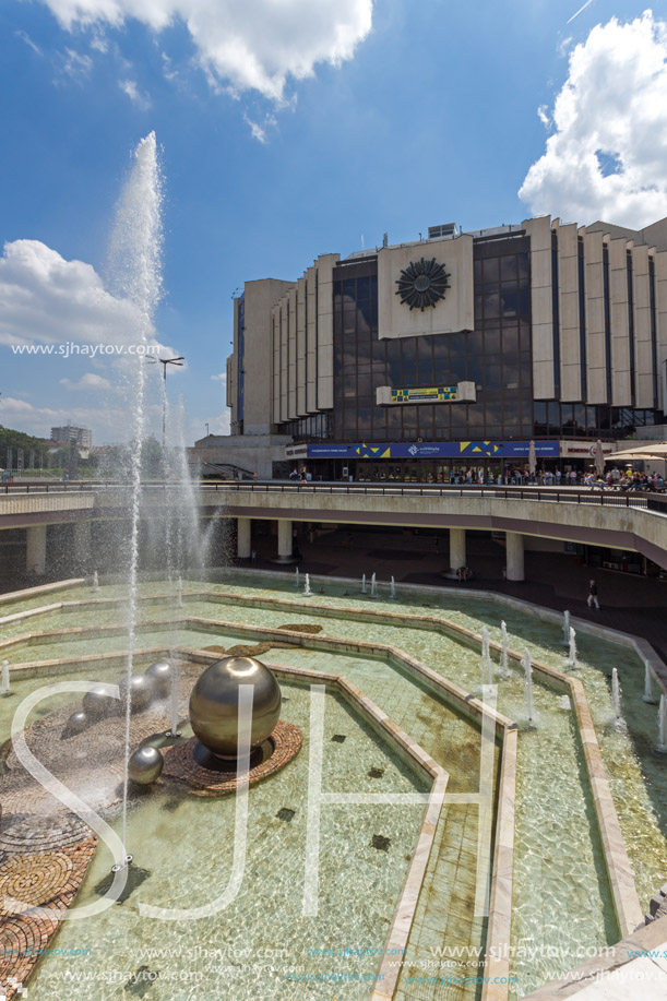 SOFIA, BULGARIA -MAY 20, 2018: Fountains in front of  National Palace of Culture in Sofia, Bulgaria