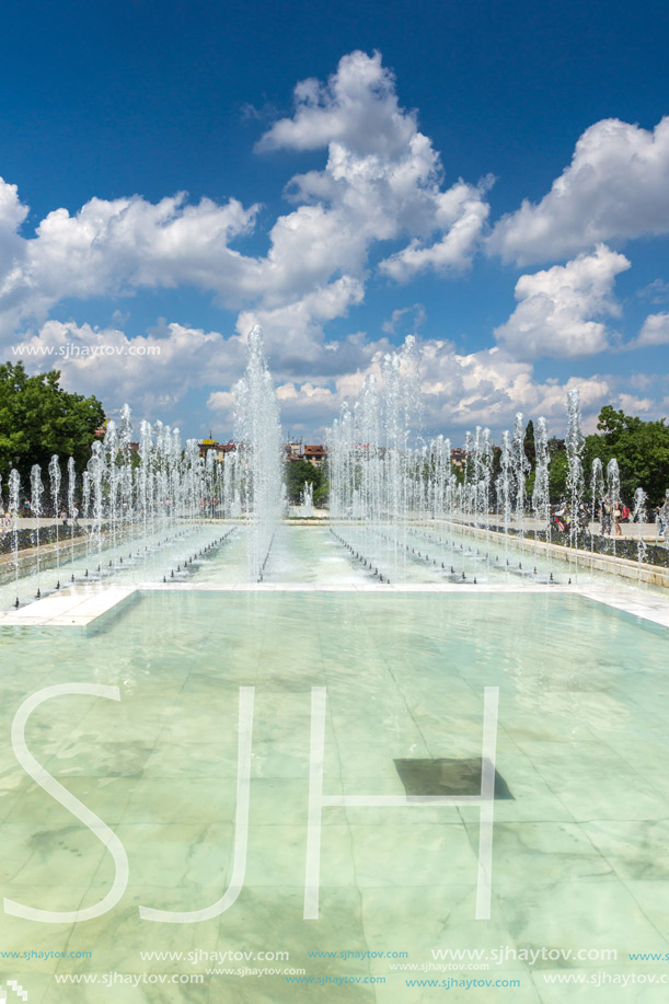SOFIA, BULGARIA -MAY 20, 2018: Fountains in front of  National Palace of Culture in Sofia, Bulgaria