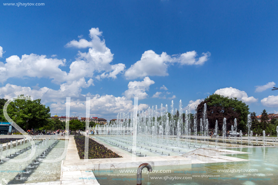 SOFIA, BULGARIA -MAY 20, 2018: Fountains in front of  National Palace of Culture in Sofia, Bulgaria