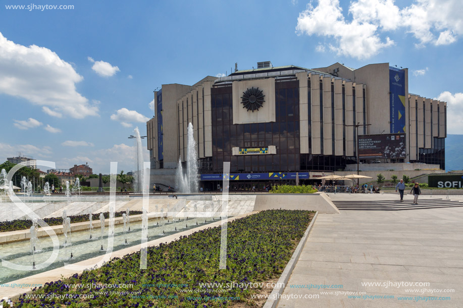 SOFIA, BULGARIA -MAY 20, 2018: Fountains in front of  National Palace of Culture in Sofia, Bulgaria
