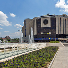SOFIA, BULGARIA -MAY 20, 2018: Fountains in front of  National Palace of Culture in Sofia, Bulgaria