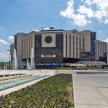 SOFIA, BULGARIA -MAY 20, 2018: Fountains in front of  National Palace of Culture in Sofia, Bulgaria