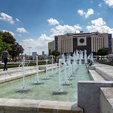 SOFIA, BULGARIA -MAY 20, 2018: Fountains in front of  National Palace of Culture in Sofia, Bulgaria