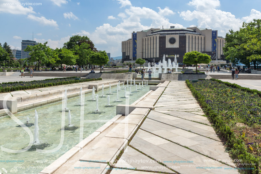 SOFIA, BULGARIA -MAY 20, 2018: Fountains in front of  National Palace of Culture in Sofia, Bulgaria