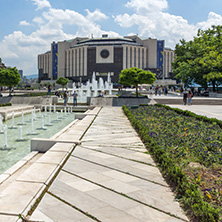 SOFIA, BULGARIA -MAY 20, 2018: Fountains in front of  National Palace of Culture in Sofia, Bulgaria